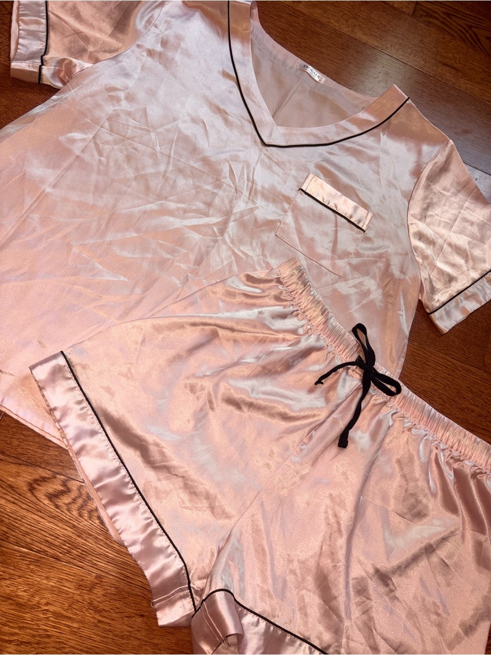 Women's Satin Short Sleeve Pajama Set in Pink with Black Trim
